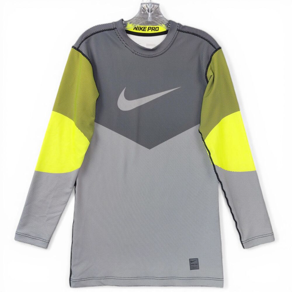 Nike Pro Dri-Fit Long Sleeve Compression Shirt Men L Gray Volt Athletic Training